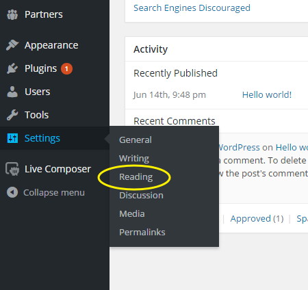 WordPress Settings -- Reading settings